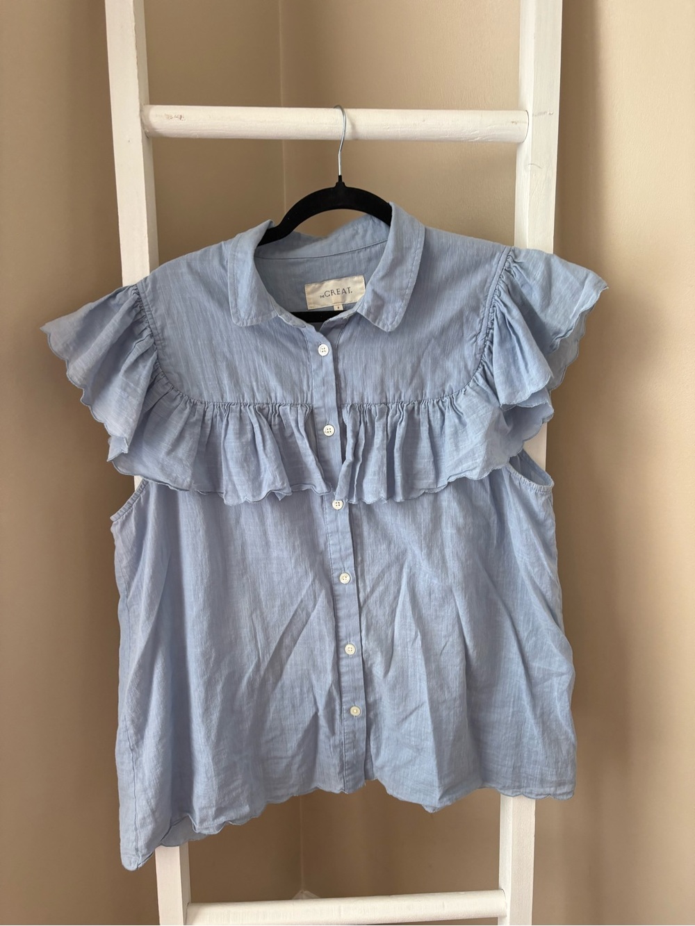 THE GREAT. Light Blue Ruffle Sleeveless Button-Down Blouse